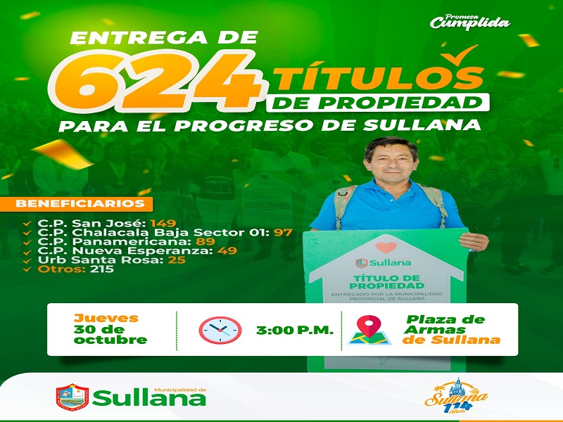 MUNICIPALIDAD DE SULLANA ENTREGARÁ 624 TÍTULOS DE PROPIEDAD 