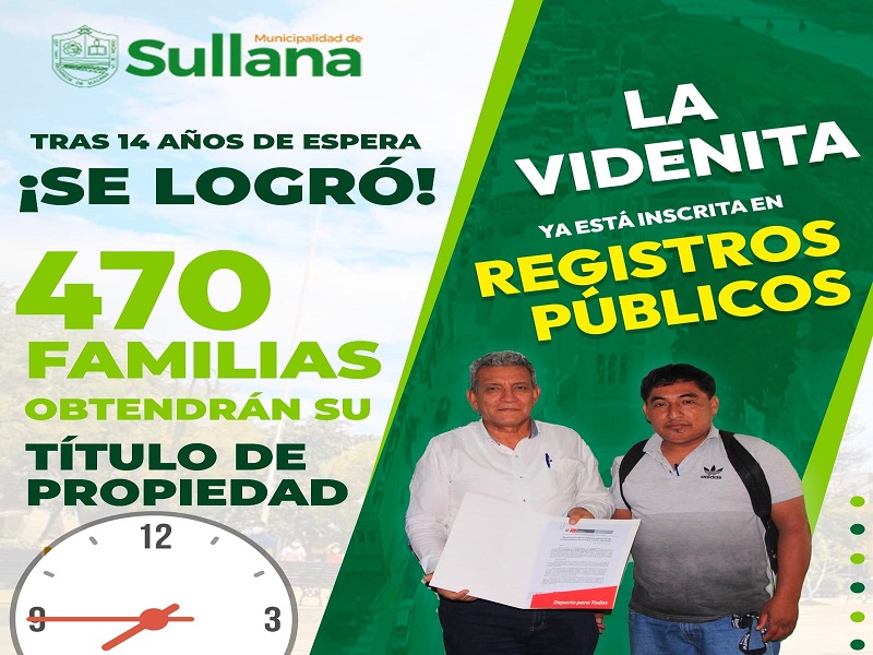 Gestión del alcalde  Marlem Mogollón logra inscribir La videnita en registros públicos