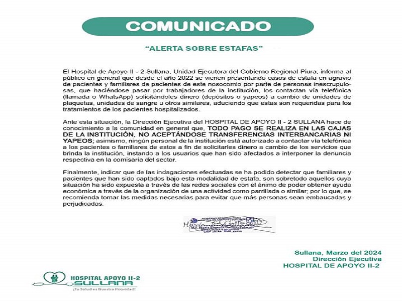Hospital de Sullana II: Alerta sobre estafas